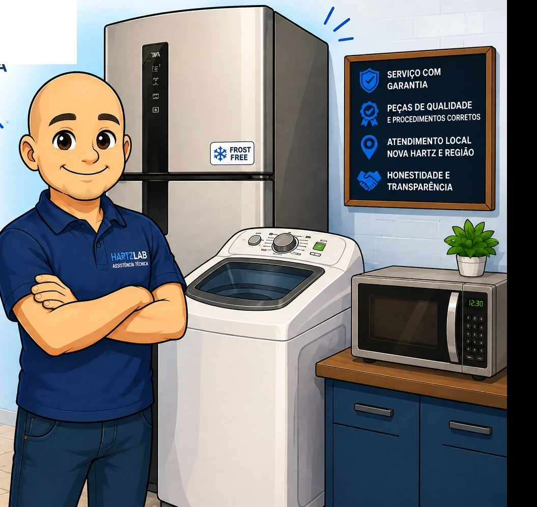 Técnico de assistência ao lado de geladeira Frost Free, lavadora top load e micro-ondas