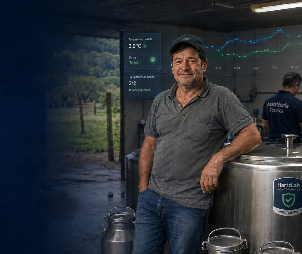 Produtor rural ao lado de tanque de leite monitorado