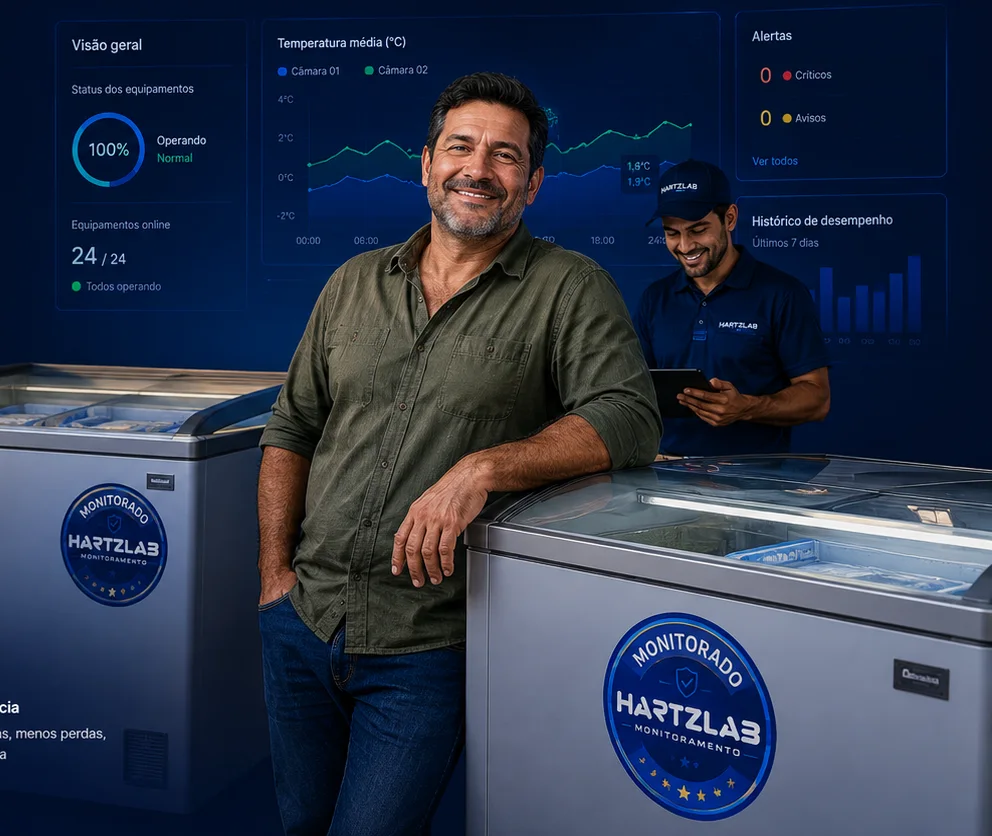 Dono de mercado ao lado de ilhas de congelados monitoradas