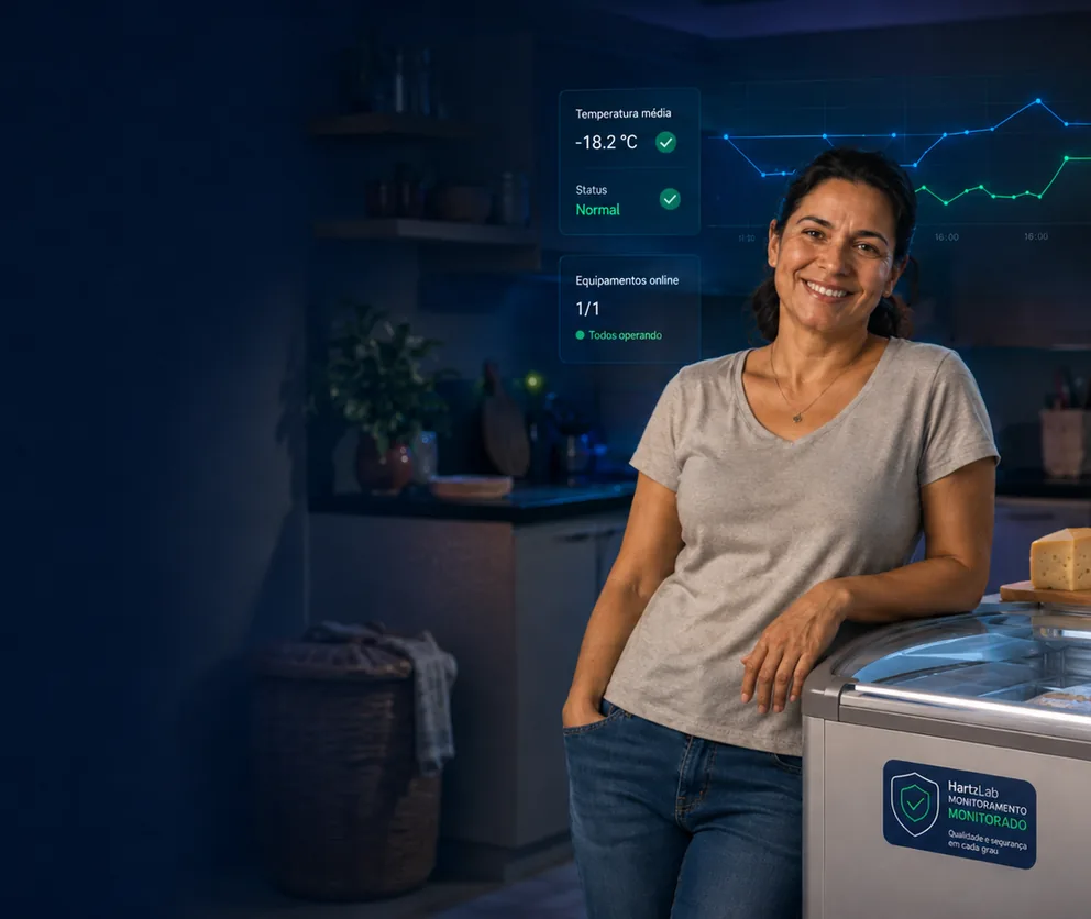 Mulher em casa ao lado de freezer monitorado