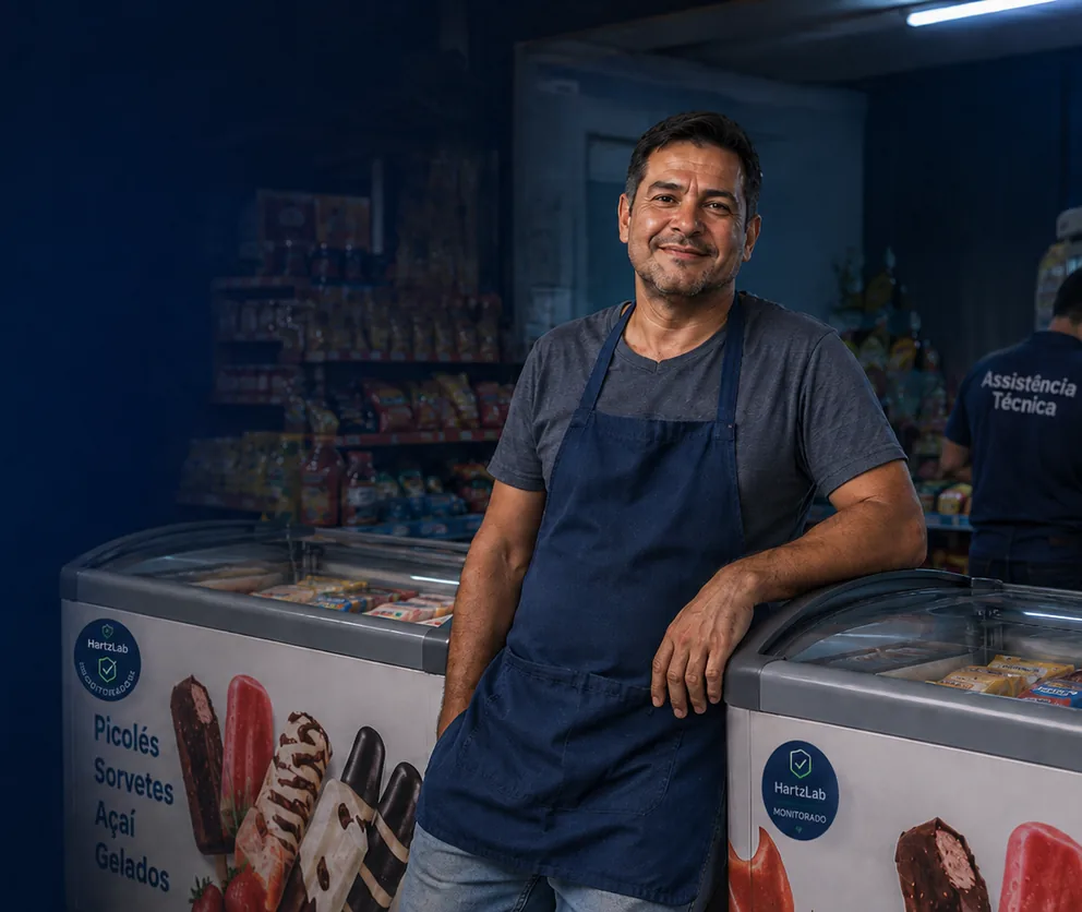 Comerciante ao lado de freezers de picolés monitorados